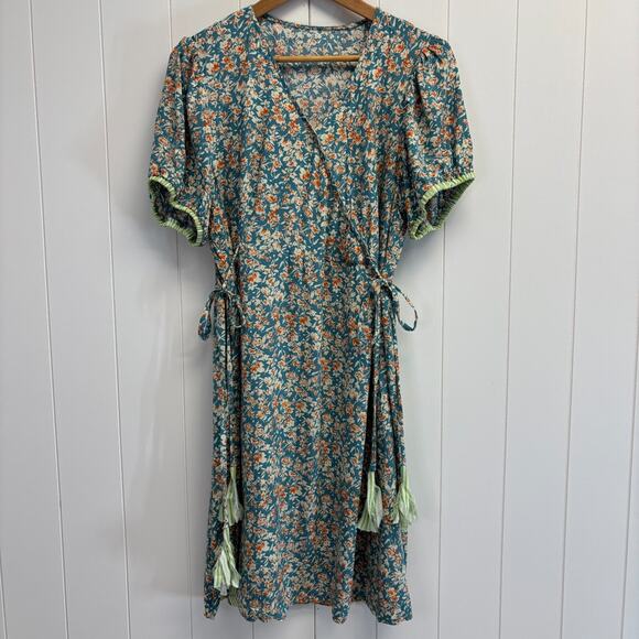 Handmade Cottage Prairie Trad‎ Wife Faux Wrap Midi Dress Size L Peasant Tassels - Picture 1 of 10
